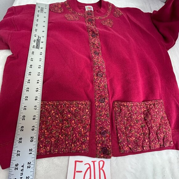 Vintage Fruit Of The Loom Womens Button Cardigan Sweater Red with Floral Accents - Picture 7 of 7